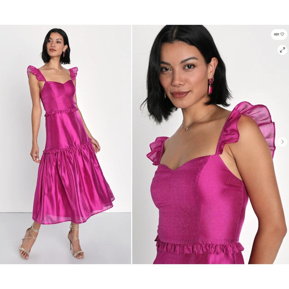 Lulus Effervescent Aesthetic Midi Dress Women XL Magenta Ruffle Tiered Shine Fem